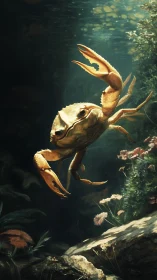 Photorealistic crab study in dappled aquatic light composition.