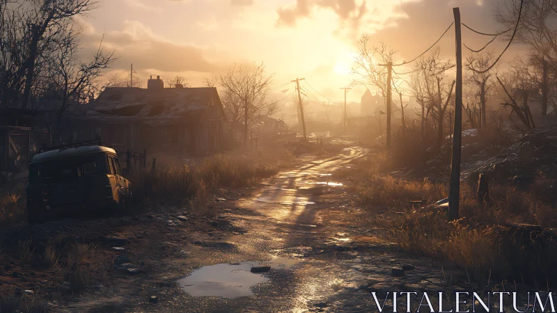 Rural road with derelict house and car at low sunset light.