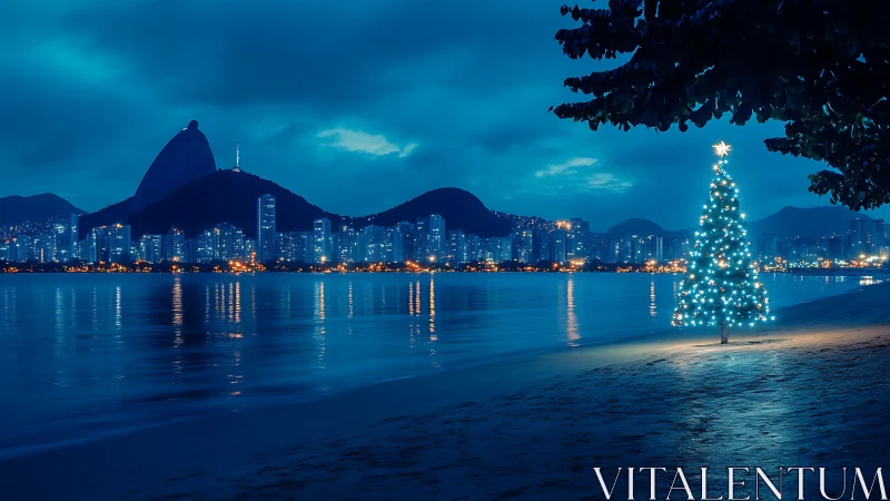 Coastal Christmas tree glowing over blue-toned city bay.