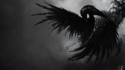 Dark-winged raven descends through stormy monochrome mist