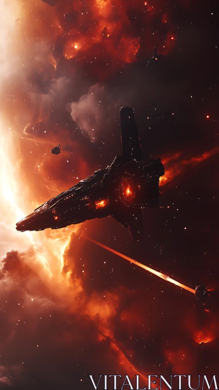 Warship cuts molten nebula, weapons blazing through void.