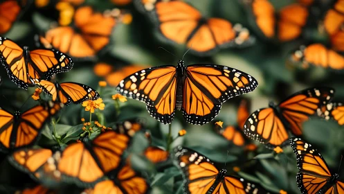 Monarch butterflies clustered on orange flowers in garden.