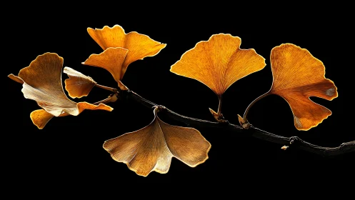Backlit ginkgo leaves on dark background in close focus.