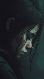 Rain-soaked girl in teal twilight, caught in quiet sorrow.