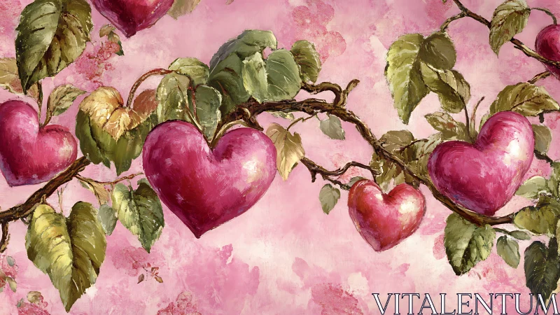 Heart-shaped fruit on leafy branches in textured pink field.