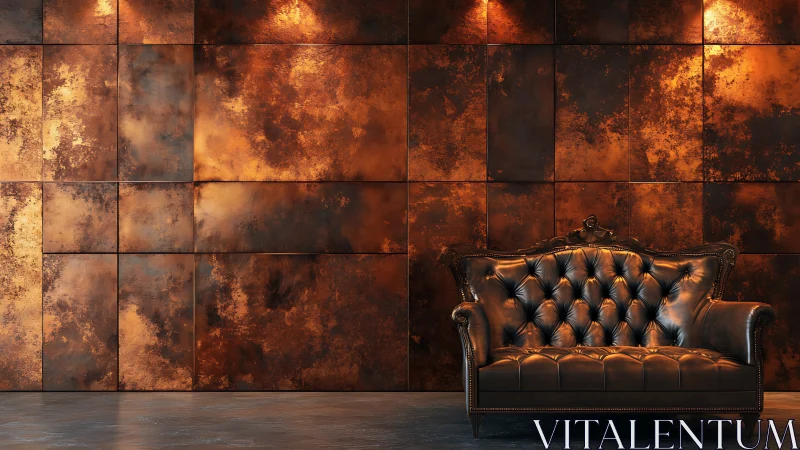 Photorealistic leather sofa before oxidized copper wall grid.