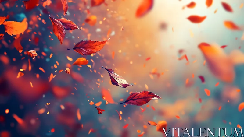 Red autumn leaves drift through shallow depth of field