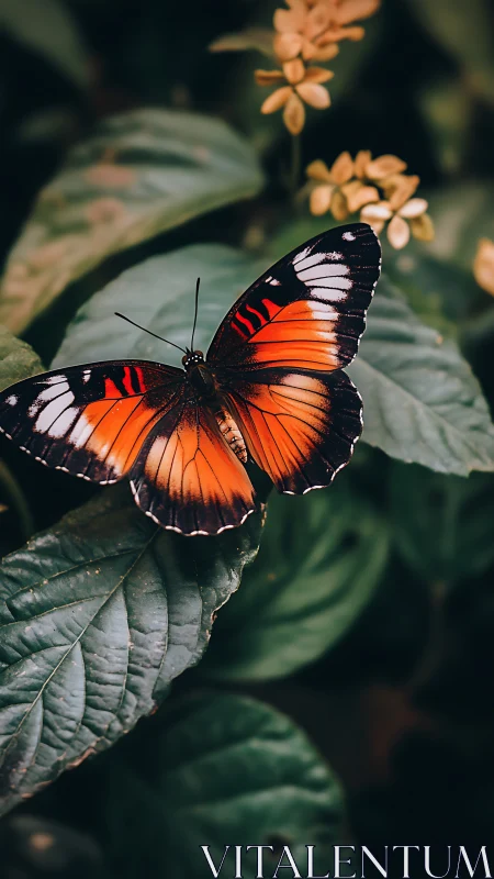 Orange butterfly rests on lush green leaf in soft focus.