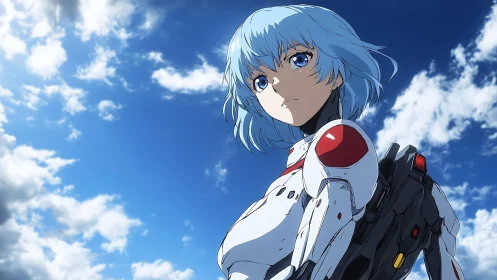 Blue haired anime pilot in white armor under vivid sky.
