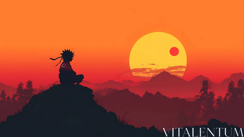 Anime silhouette at dusk with layered mountain horizon composition.