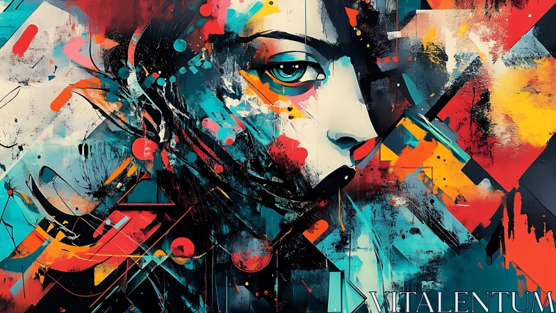 Abstract neon portrait with geometric shards and bold strokes.