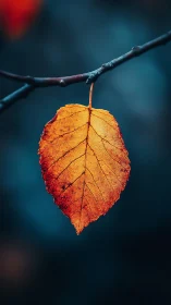 Solitary autumn leaf glowing against deep teal bokeh.