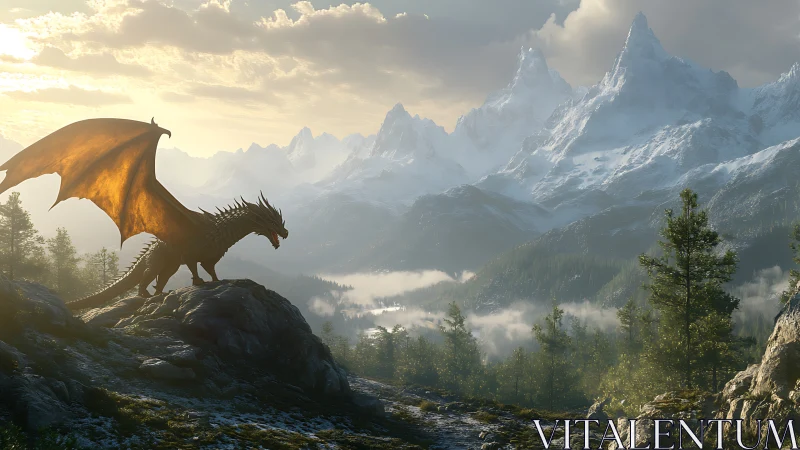 Majestic dragon overlooking misty alpine valley at sunrise.