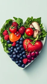 Heart-shaped bowl with assorted fruits and vegetables.