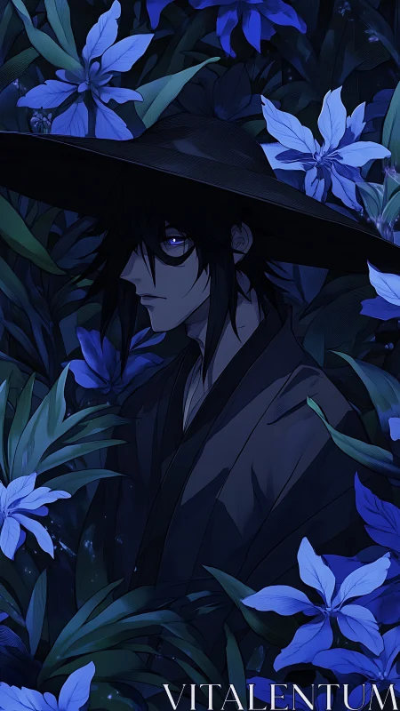 Midnight witcher draped in cobalt lilies and hush.