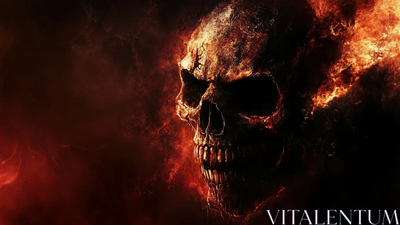 Burning demonic skull erupts from swirling infernal darkness.