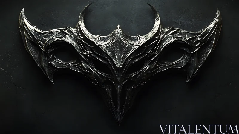 Symmetrical dark metal mask exhibits intricate gothic blade geometry