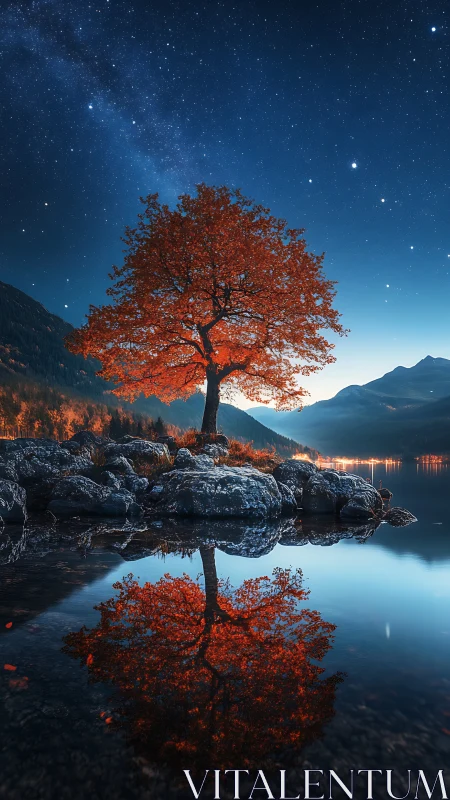 Scarlet lakeside tree mirrored under luminous night sky.