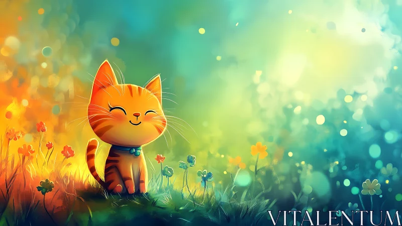 Smiling Orange Cat in Luminous Wildflower Meadow.