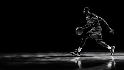 Lone basketball player gliding through dramatic court lights.