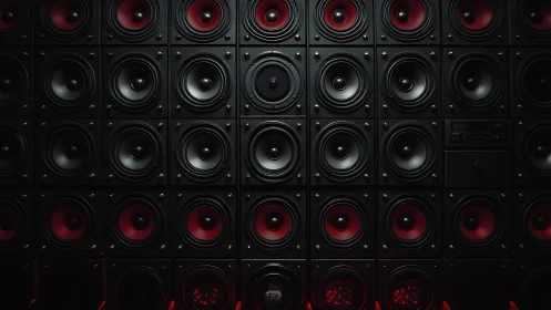 Modular black speaker wall grid explores rhythmic repetition and light