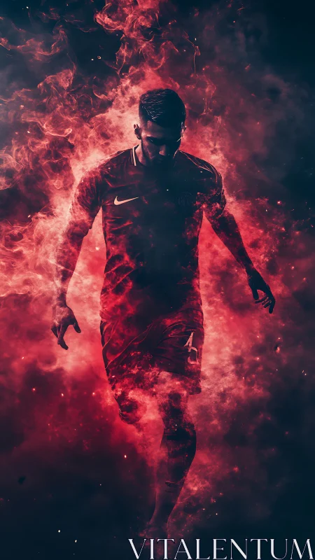 Flaming striker strides forward through swirling cosmic smoke