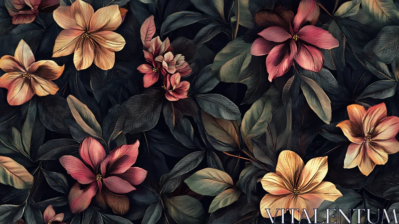 Botanical illustration depicting layered pink and peach flowers against dark foliage