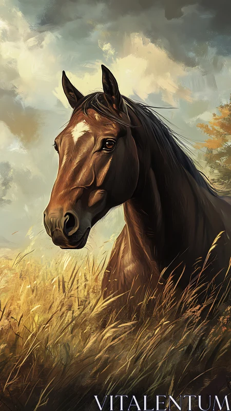 Majestic brown horse stands in golden field at dusk