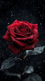 Red Rose with Snow and Sparkles Against Dark Background