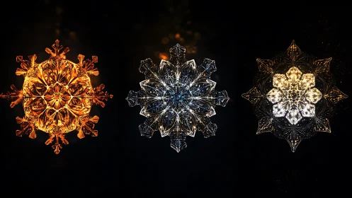 Triad of illuminated crystalline snowflake structures.