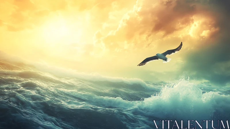 Seagull glides above storm-lit ocean under blazing sunrise.