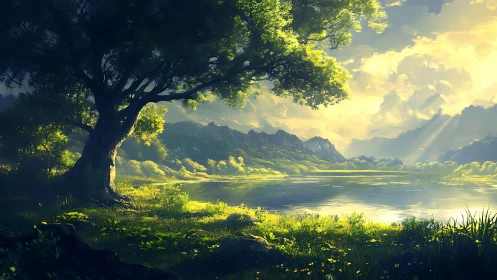 Digital painting landscape with luminous lakeside canopy.