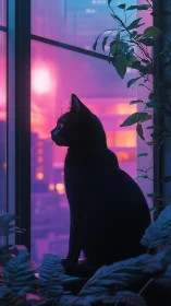 Silhouetted Cat at Sunset Window with Vaporwave Gradient.