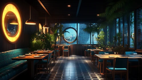 Moonlit lagoon restaurant glows over rain-kissed cityscape.