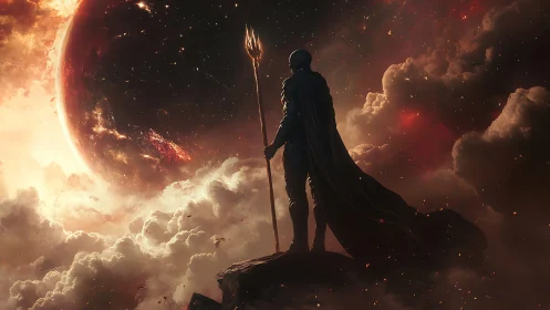 Planetary sentinel with trident observing cataclysmic eclipse.