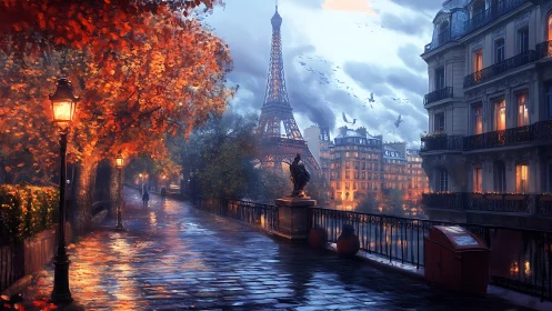 Rainy Parisian riverside shows Eiffel Tower in autumn light