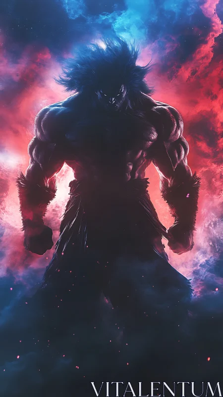 Cosmic berserker silhouette storms through nebula glow.