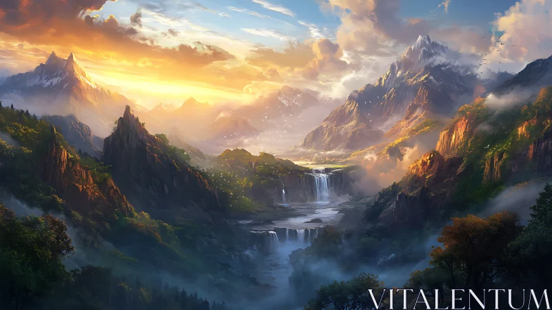 Wide dynamic range sunrise over tiered waterfalls in alpine valley