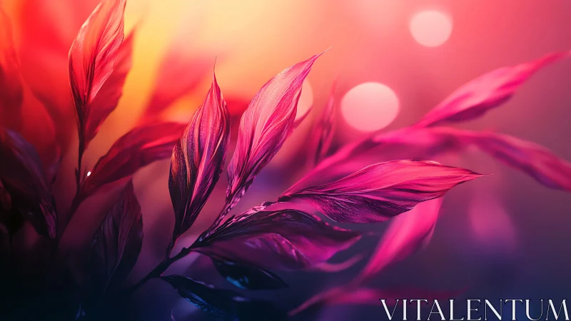 Luminous magenta leaves glow against soft bokeh sunset haze.