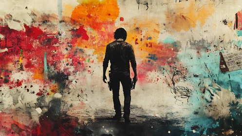 Silhouetted figure before multicolored abstract wall backdrop.