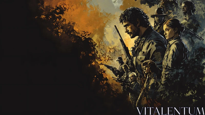 Armed group portrait in stylized post apocalyptic landscape.