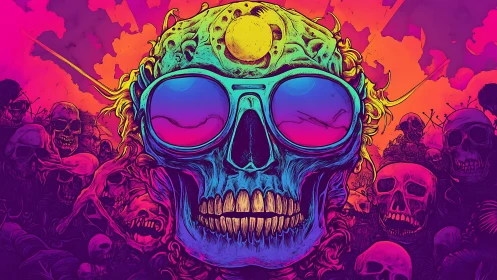 Neon skull king dominates psychedelic wasteland horizon.