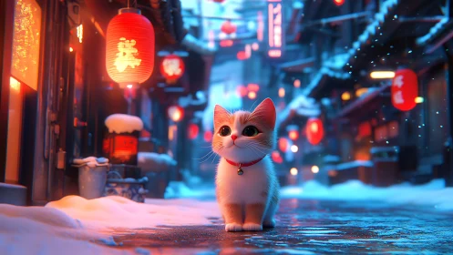 Whisker-Graced Explorer Ventures Through Neon-Soaked Urban Dreamscape