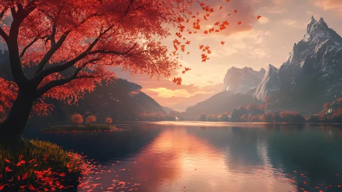 Crimson lakeside maple under cinematic sunset reflections.