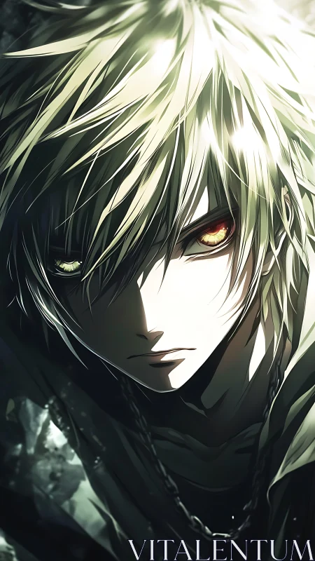 Bicolored-eyed anime antihero rendered in dramatic chiaroscuro lighting