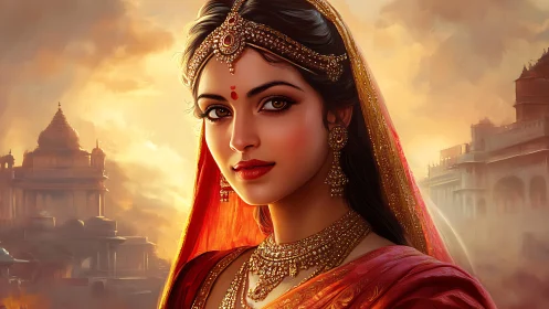 Digitally rendered Indian bride portrait with warm volumetric lighting