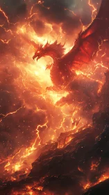 Infernal dragon ascending through erupting volcanic storm.