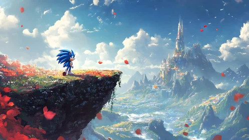 Sonic overlooking volumetric fantasy citadel landscape.