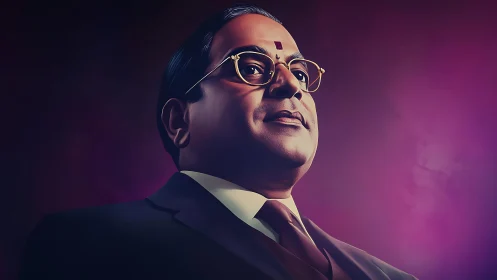 Dignified suited man rendered in dramatic low-angle portrait