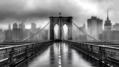 Brooklyn Bridge pedestrian deck with city skyline in rain.